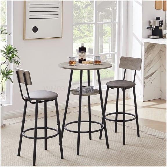 Modern Round Pub Table Set with 2 Stools, Grey Upholstered Backrest Chairs and Lower Shelf