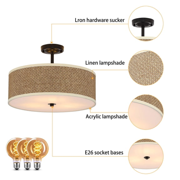 Modern Round Rattan Chandelier, Semi-Flush Ceiling Light, Hanging Bedroom Lamp Fixture, Pendant Light