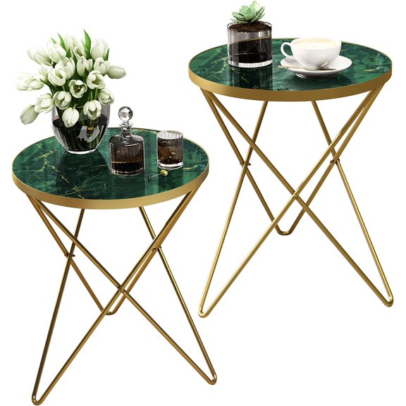 Modern Round Side Table Set of 2, End Table with Marble Effect Top and Gold Metal Frame, Small Side Table for Living Room, Bedroom, Sofa and Couch, Gold Legs, Green Marble top