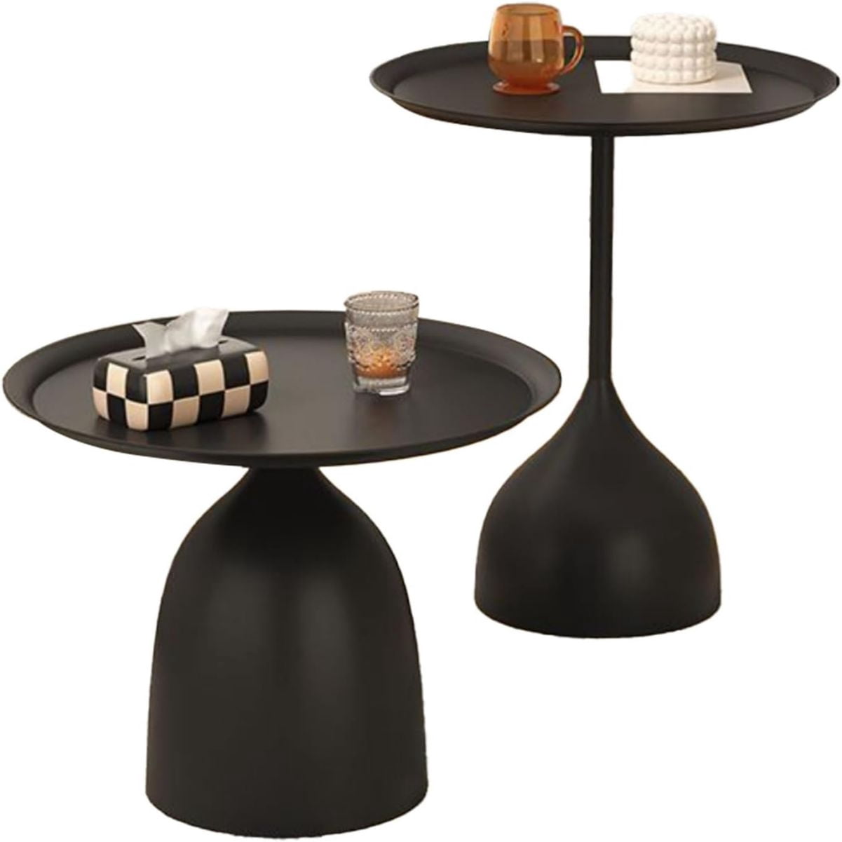 Modern Round Side Table Set of 2, Fluted Side Table Set Drum Coffee ...