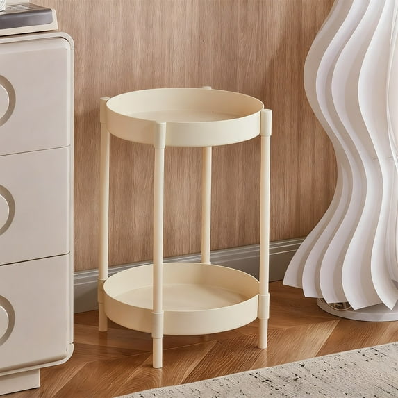 Modern Round Side Table with 2 Tiers, Plastic and Steel Frame for Living Room or Bedroom