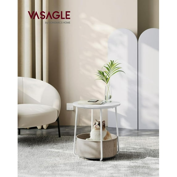 Modern Round Side Table with Fabric Basket, Matte White and Camel Brown