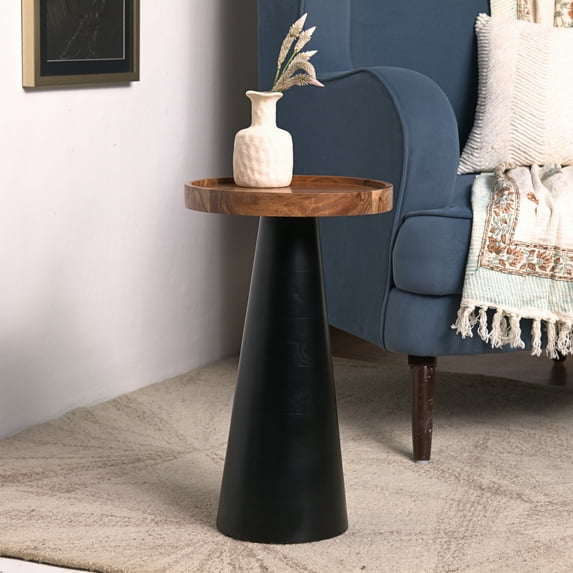 Modern Round Solid Wood Side Table with Tray Top – Handmade Accent Table for Living Room, Bedroom & Entryway – Rustic Contemporary End Table Black