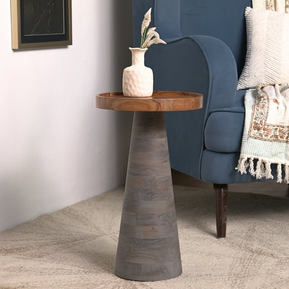Modern Round Solid Wood Side Table with Tray Top – Handmade Accent Table for Living Room, Bedroom & Entryway – Rustic Contemporary End Table Gray