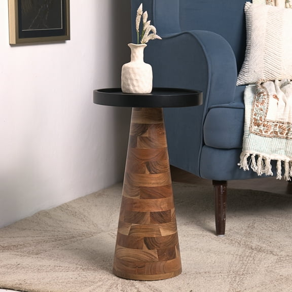 Modern Round Solid Wood Side Table with Tray Top – Handmade Accent Table for Living Room, Bedroom & Entryway – Rustic Contemporary End Table Natural