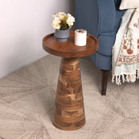 Modern Round Solid Wood Side Table with Tray Top – Handmade Accent Table for Living Room, Bedroom & Entryway – Rustic Contemporary End Table Natural