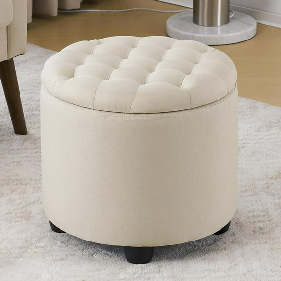 Modern Round Storage Ottoman,Button Tufted Ottoman Foot Stools Ottoman Footstool with Removable Lid Storage Ottoman for Living Room, Bedroom, Makeup Room，Beige