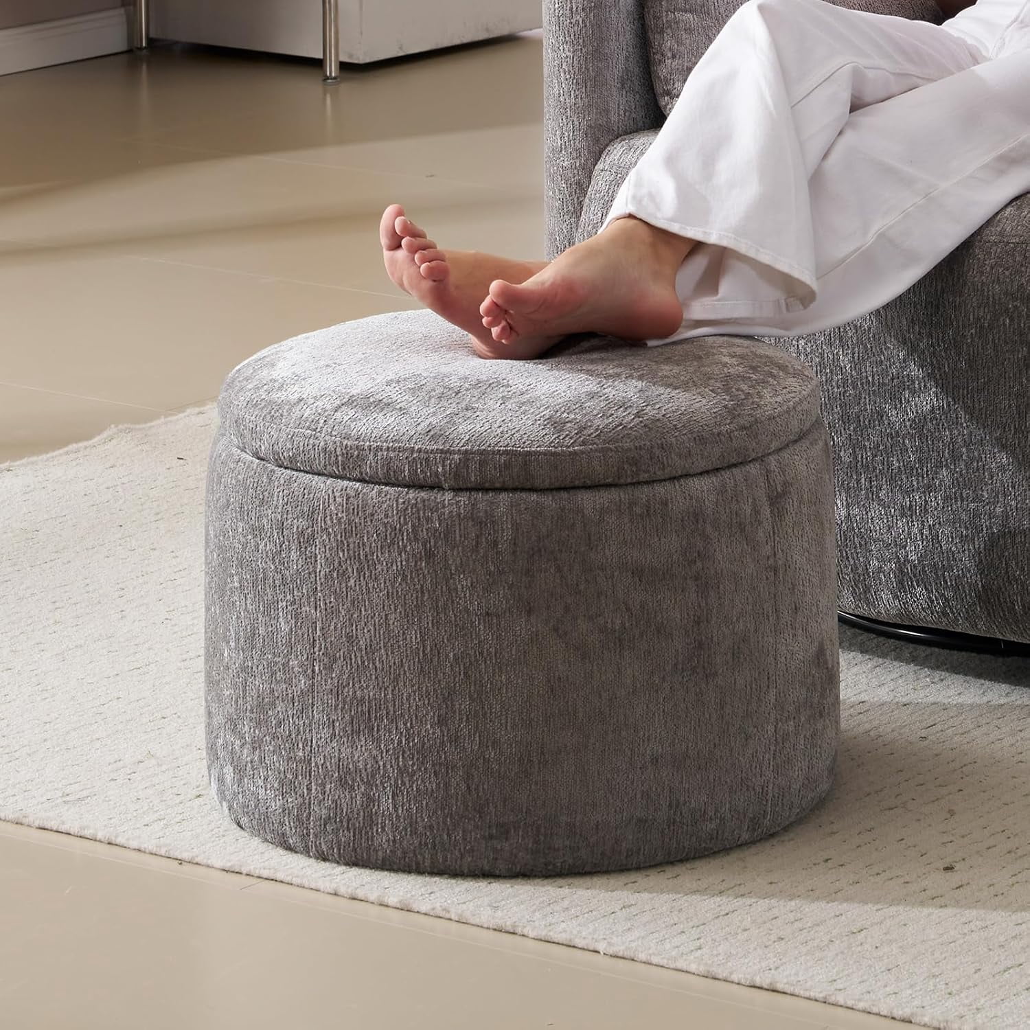 Modern Round Storage Ottoman, Chenille Ottoman Foot Stools, Ottoman ...