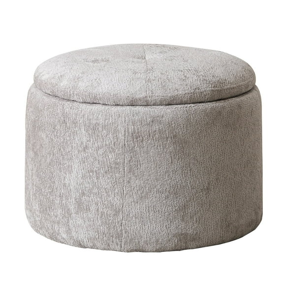 Modern Round Storage Ottoman, Chenille Ottoman Foot Stools, Ottoman Footstool with Removable Lid, Storage Ottoman for Living Room, Light Gray