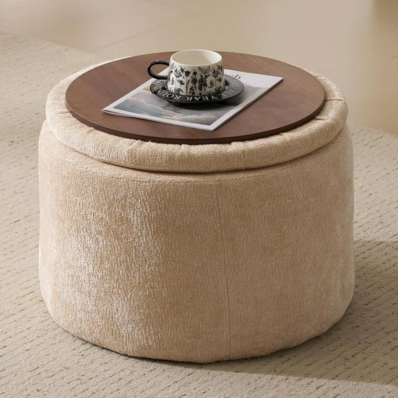 Modern Round Storage Ottoman with Reversible Tray Lid,Chenille Ottoman Foot Stools, Ottoman Footstool with Hidden Storage, Storage Ottoman for Living Room, Multi-Functional Footrest, Beige