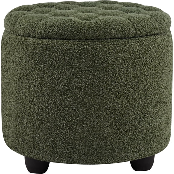 Modern Round Storage Ottoman, Upholstered Button Tufted Ottoman Footstool Ottomans with Removable Lid Storage Stool for Living Room, Bedroom, Makeup Room, Teddy, Green