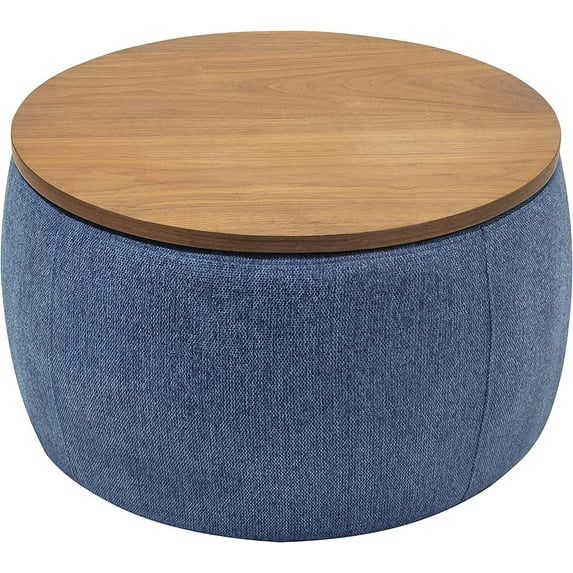 Modern Round Storage Ottoman with Wooden Top,Handmade Luxury Pleated Circle Fabric Storage Ottoman Coffee Table,End Table & Footstool for Living Room(Navy Blue)