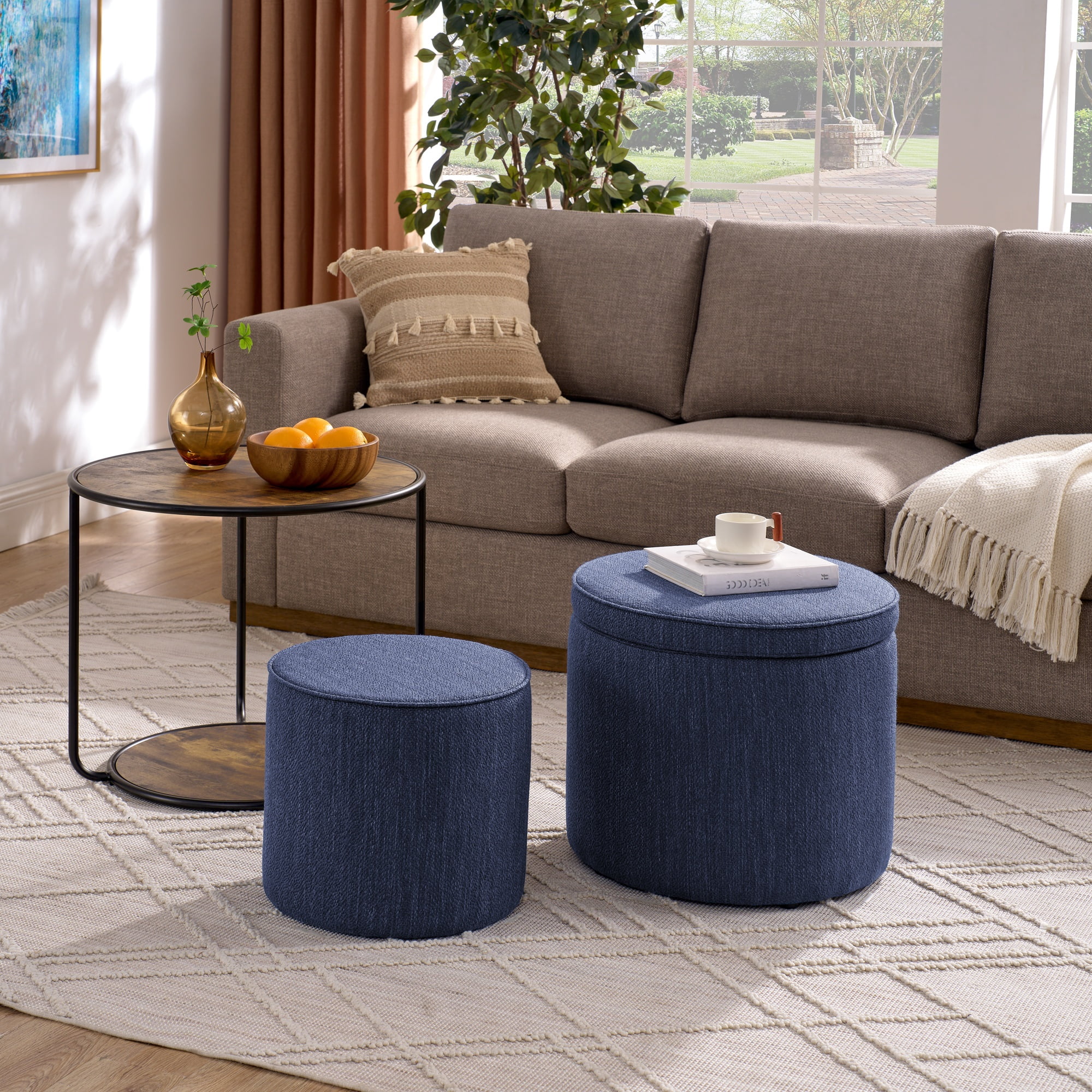 Modern Round Storage Ottoman with Drum Stool,Multi-functional Combination Set Table Ottoman for Living Room,Bedroom,Dark Blue