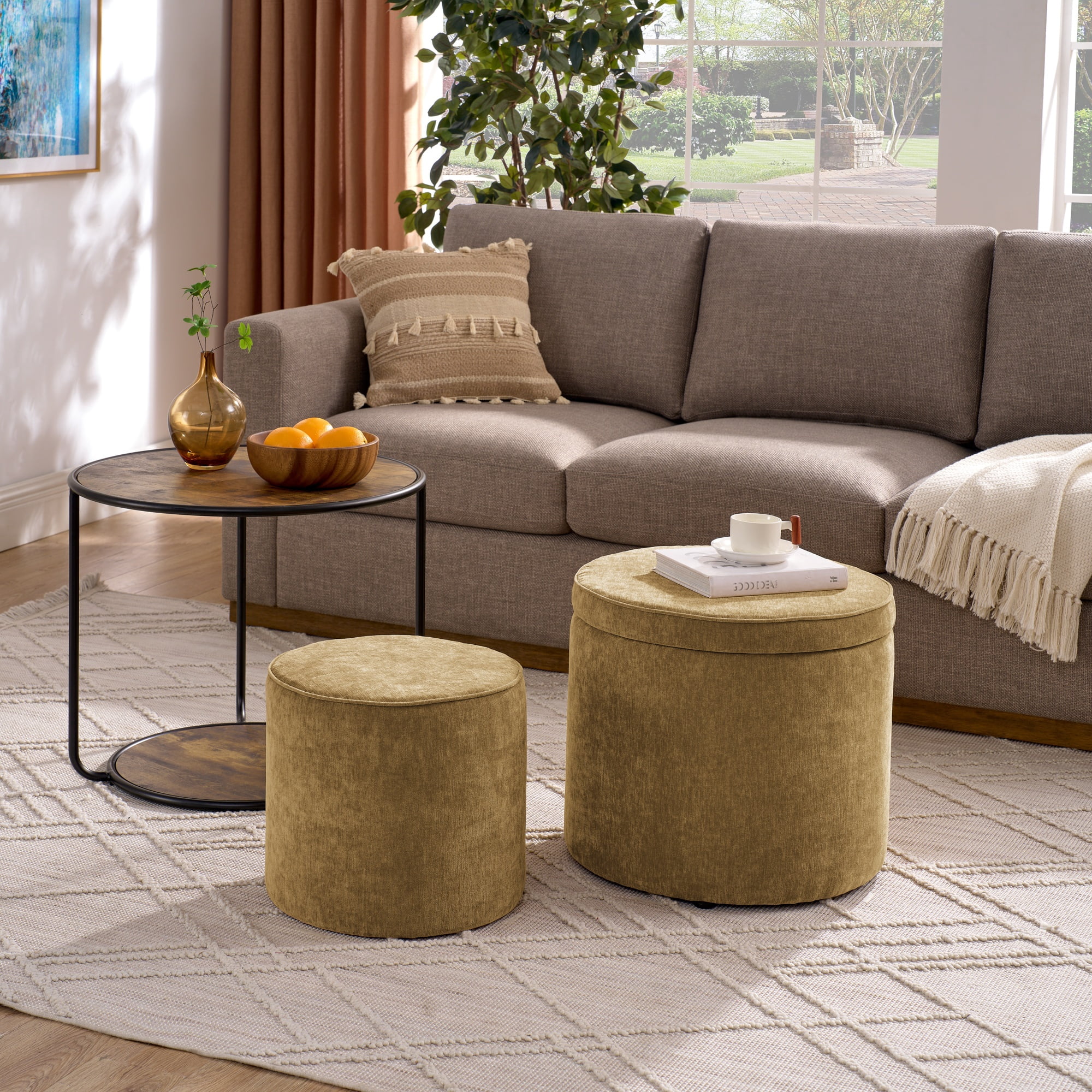 Modern Round Storage Ottoman with Drum Stool,Multi-functional Combination Set Table Ottoman for Living Room,Bedroom,Dark yellow