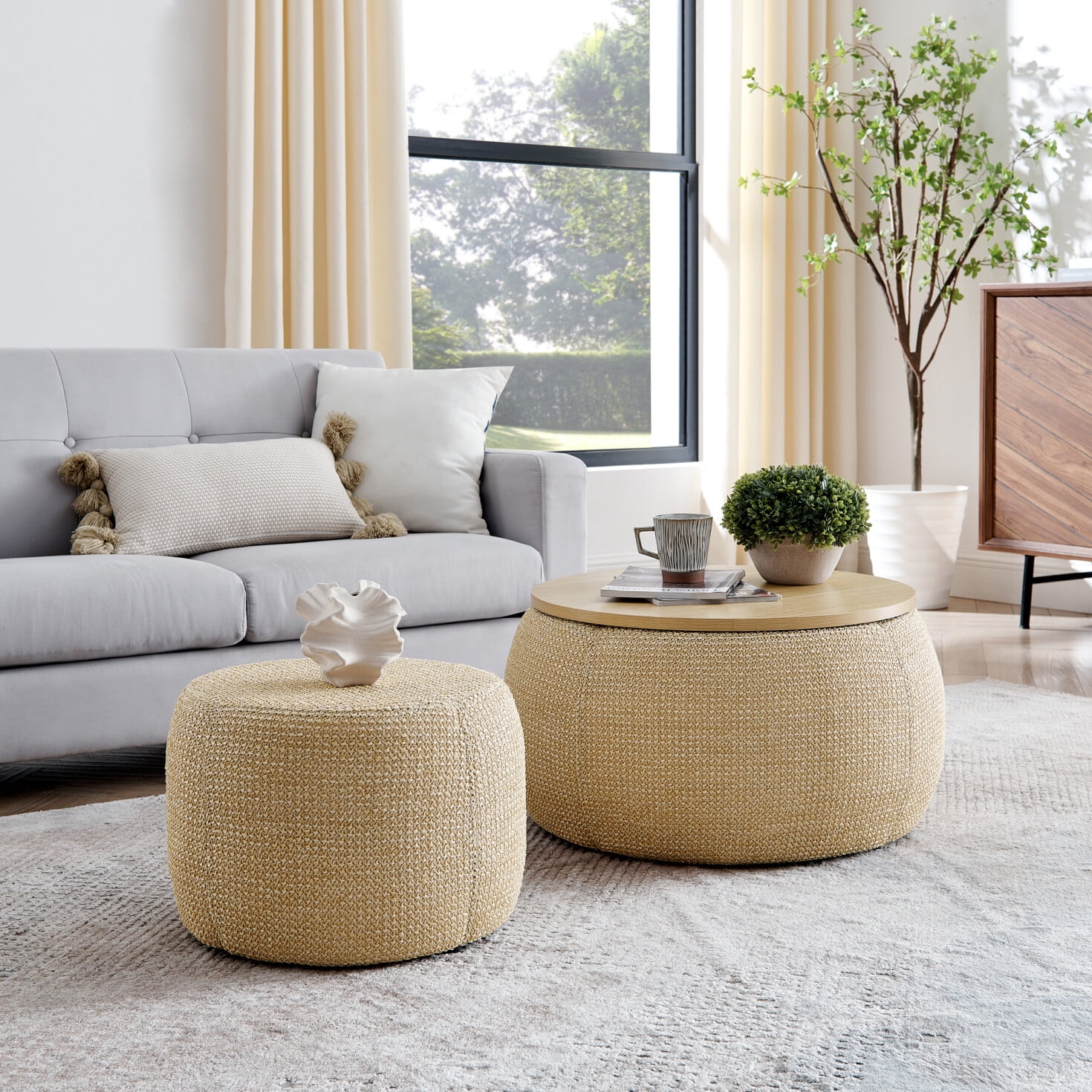 Modern Round Storage Ottoman with Wooden Lid, 2 in 1 Function, Work as ...