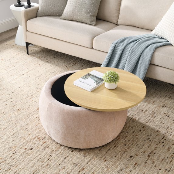 Modern Round Storage Ottoman with Wooden Lid, Circle Ottoman Handmade Coffee End Table & Footstool for Living Room, Pink