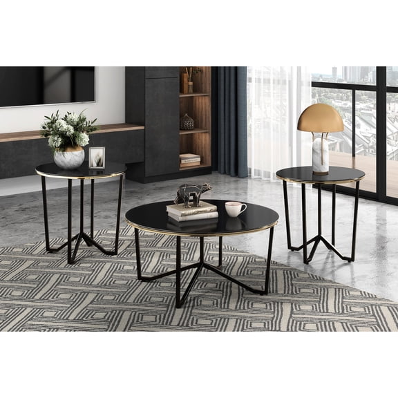 Modern Round Table Ensemble/In Primary Living Area/Black Glass Top