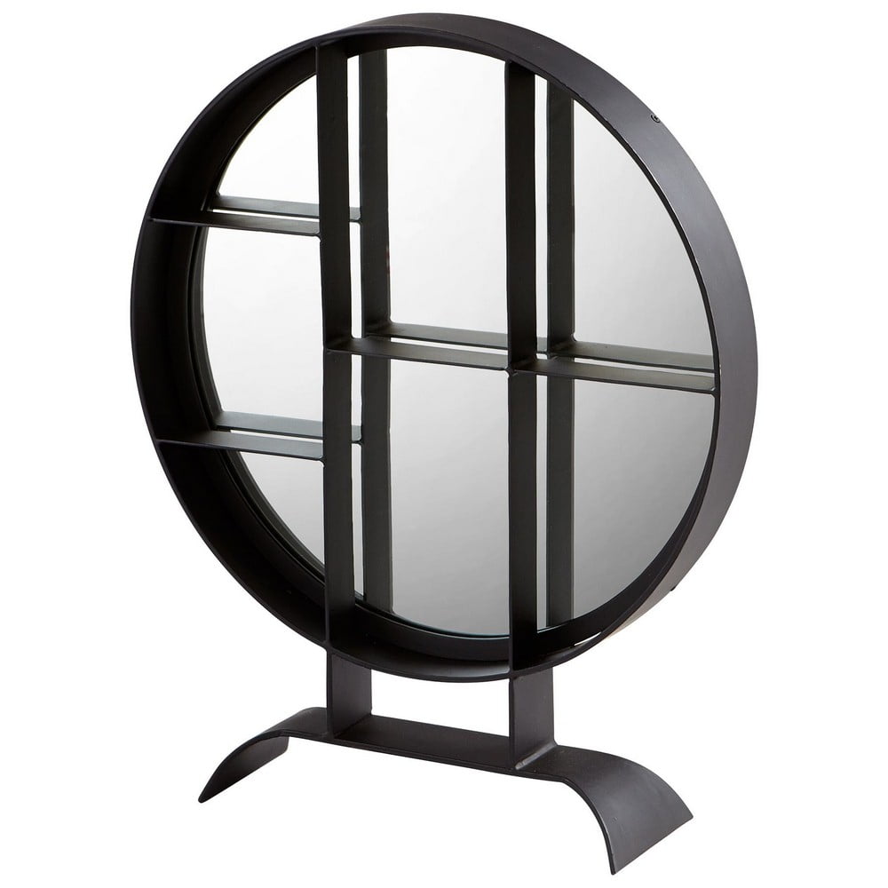 Modern Round Tabletop Windowpane Mirror in Matte Black Finish with Iron