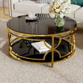 thumbnail image 1 of Modern Round Tempered Glass Coffee Table, Glossy Center Table With Storage Shelf and Gold Metal Frame For Living Room Office Apartment, 1 of 11
