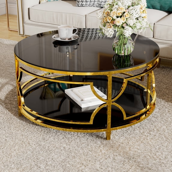 Modern Round Tempered Glass Coffee Table, Glossy Center Table With Storage Shelf and Gold Metal Frame For Living Room Office Apartment