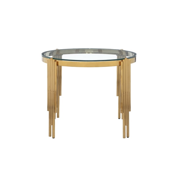 Modern Round Tempered Glass Dining Table with Stainless Steel Frame & Polished Gold Legs - Compact 8-Person Kitchen Dining Set