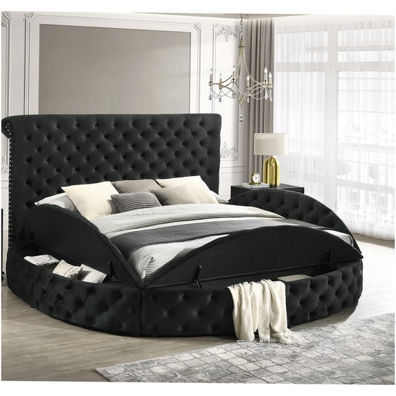 Modern Round Tufted Velvet Platform Bed, King Size Upholstered Frame with Storage and Nailhead Trim