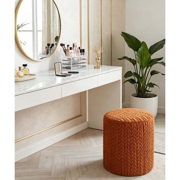 Modern Round Vanity Stool, Small Wheat Pattern Ottoman, Cute Velvet Foot Stool, Tufted Fabric Footrest, Upholstered Vanity Chair for Makeup, Bedroom, Living Room, Wheat Pattern Dark Orange