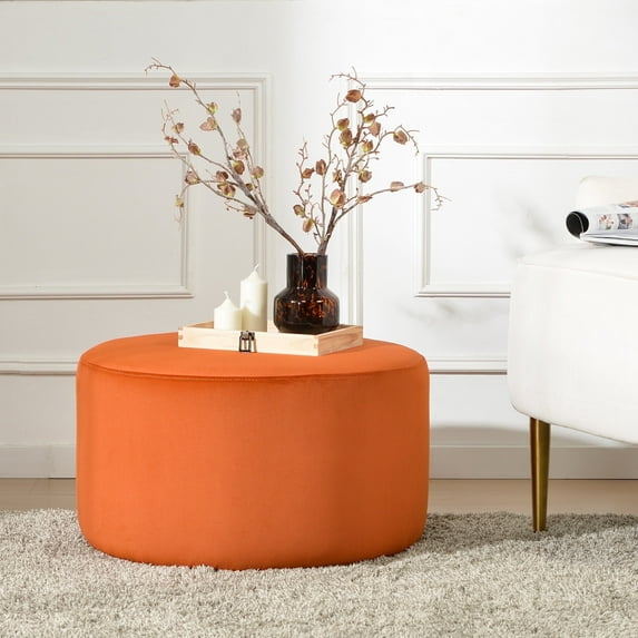 Modern Round Velvet Upholstered Ottoman with Soft Padded Seat, Multi-Functional Sofa Footrest, Side Table, Extra Seating for Living Room, Bedroom, Entryway (Rust, 24" D x 24" W x 13" H)