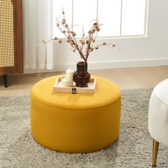 Modern Round Velvet Upholstered Ottoman with Soft Padded Seat, Multi-Functional Sofa Footrest, Side Table, Extra Seating for Living Room, Bedroom, Entryway (Yellow, 24" D x 24" W x 13" H)