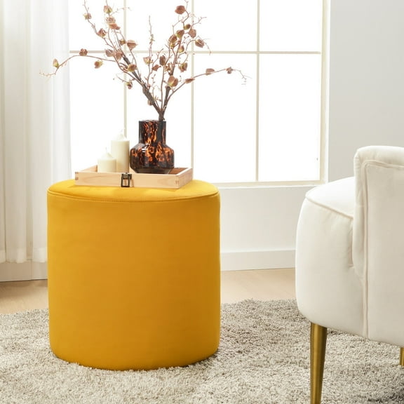 Modern Round Velvet Upholstered Ottoman with Soft Padded Seat, Multi-Functional Sofa Footrest, Side Table, Extra Seating for Living Room, Bedroom, Entryway (Yellow, 18" D x 18" W x 18.3" H)
