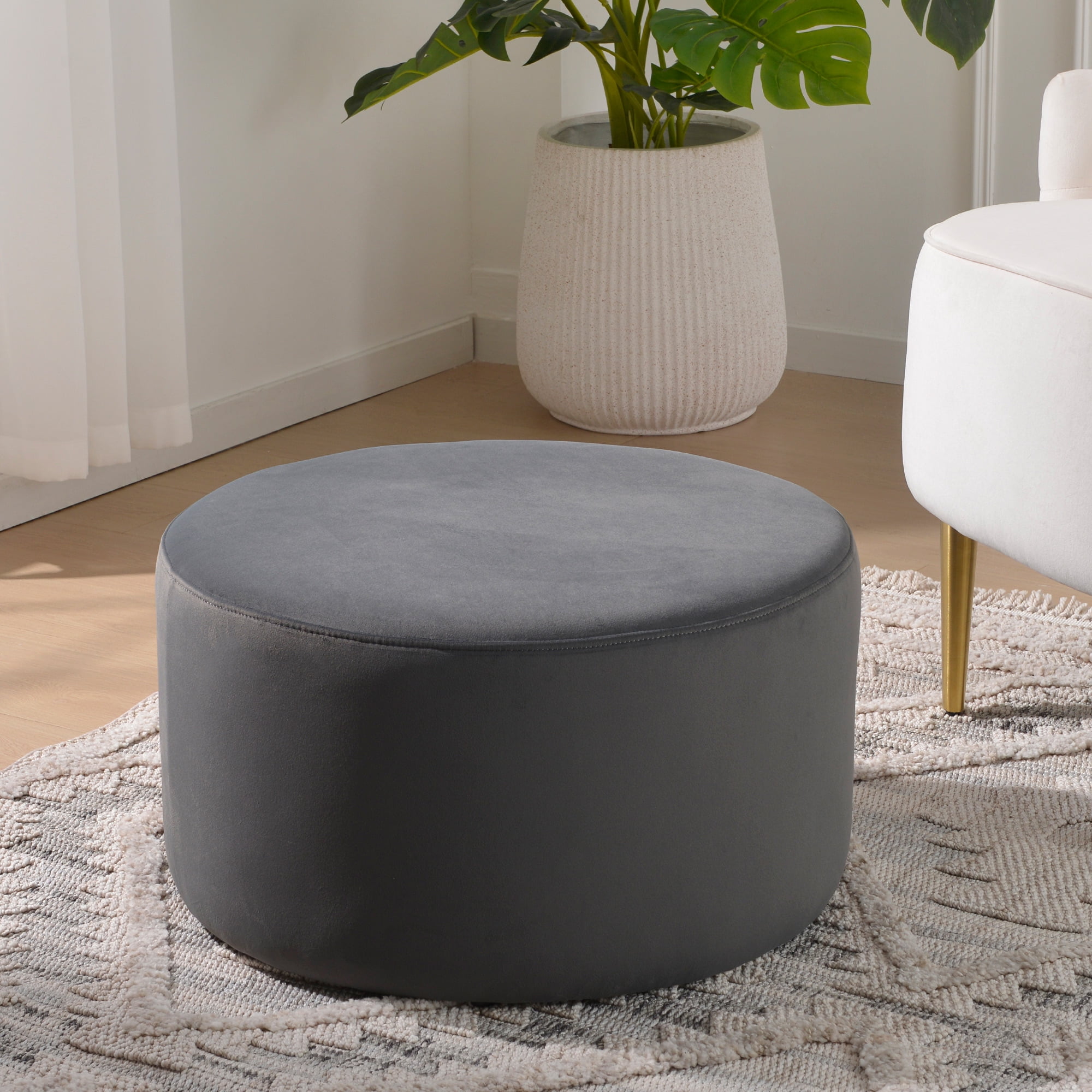 Modern Round Velvet Upholstered Ottoman with Soft Padded Seat, Multi