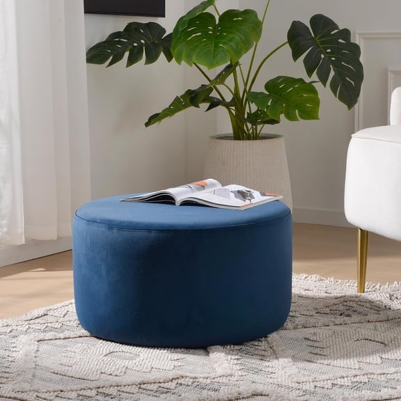 Modern Round Velvet Upholstered Ottoman with Soft Padded Seat, Multi-Functional Sofa Footrest, Side Table, Extra Seating (Navy)