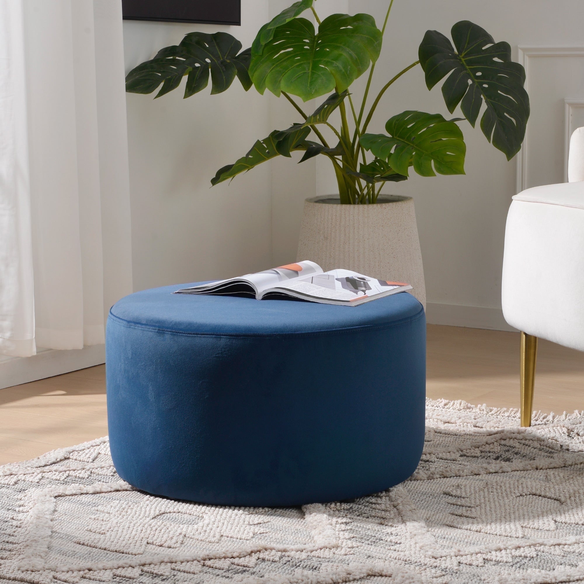Modern Round Velvet Upholstered Ottoman with Soft Padded Seat, Multi-Functional Sofa Footrest, Side Table, Extra Seating (Navy, 24" D x 24" W x 13" H)