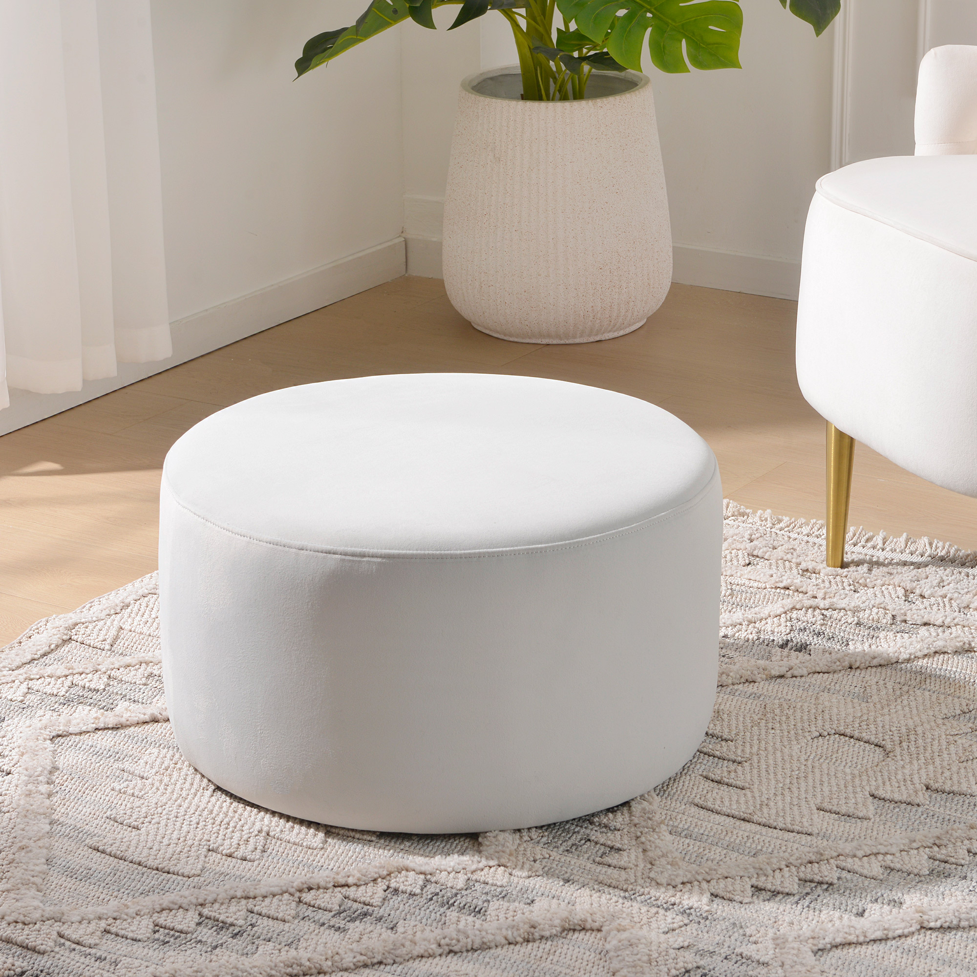 Modern Round Velvet Upholstered Ottoman with Soft Padded Seat, Multi