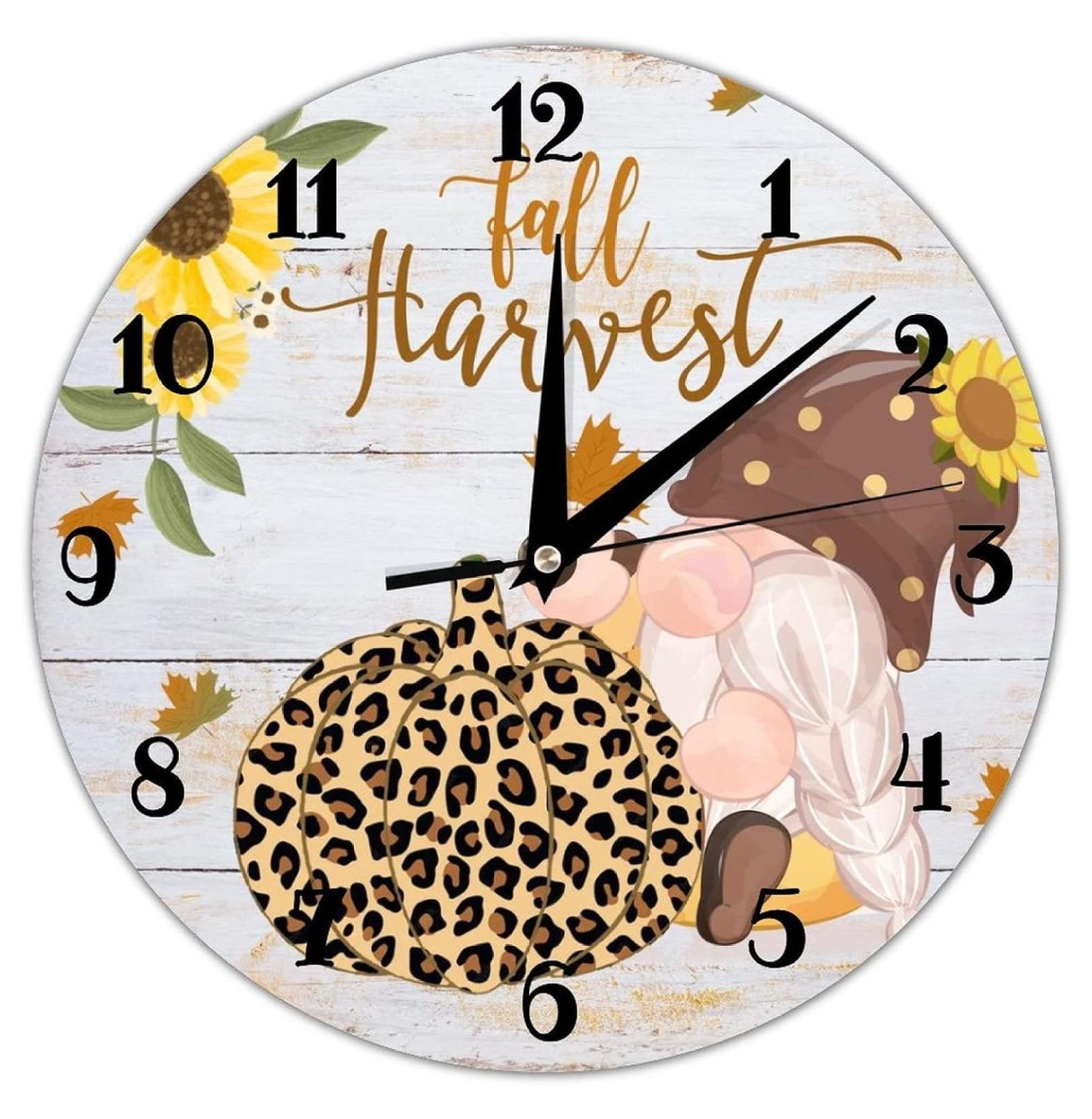 Modern Round Wall Clock Thanksgiving Fall Harvest Pumpkin Sunflowers ...