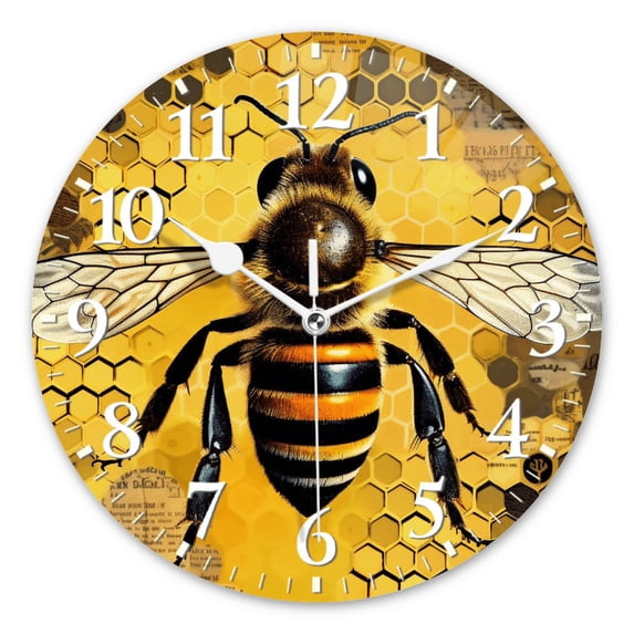 Modern Round Wall Clocks Non-Ticking Silent Clocks Battery Operated Quartz Clock Decorative for Bathroom,Office-Expressive Bee With Black And Yellow Stripes On Body(16inch)