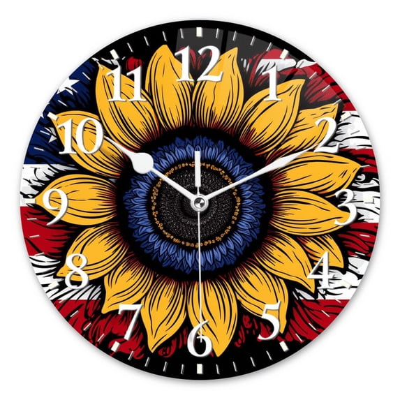 Modern Round Wall Clocks Non-Ticking Silent Clocks Battery Operated Quartz Clock Decorative for Bathroom,Office-Sunflower Design With American Flag Integrated(16inch)
