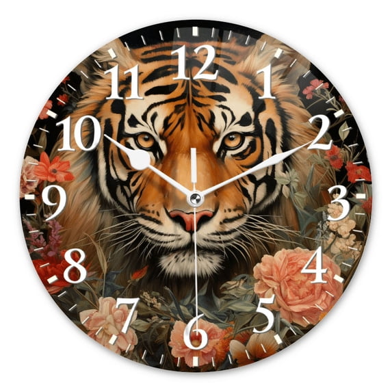 Modern Round Wall Clocks Non-Ticking Silent Clocks Battery Operated Quartz Clock Decorative for Bathroom,Office-Tiger Surrounded By Flowers And Leaves(16inch)