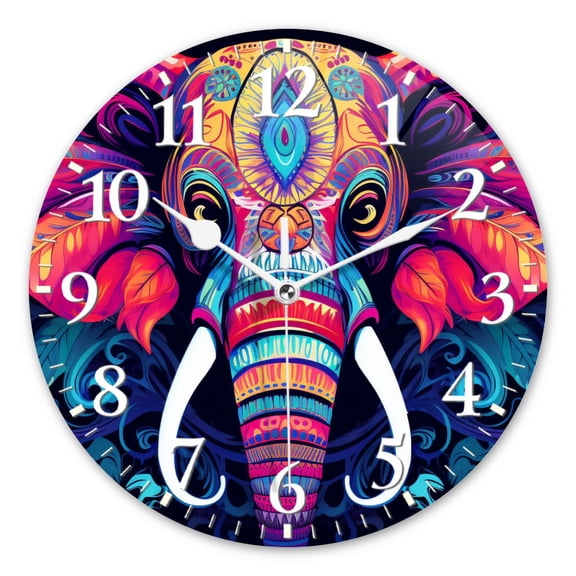 Modern Round Wall Clocks Non-Ticking Silent Clocks Battery Operated Quartz Clock Decorative for Bathroom,Office-Colorful Elephant Head With Swirls And Patterns(10inch)