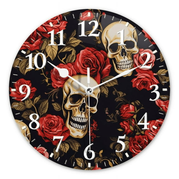 Modern Round Wall Clocks Non-Ticking Silent Clocks Battery Operated Quartz Clock Decorative for Bathroom,Office-Dark Background With Red Roses And Skulls(12inch)