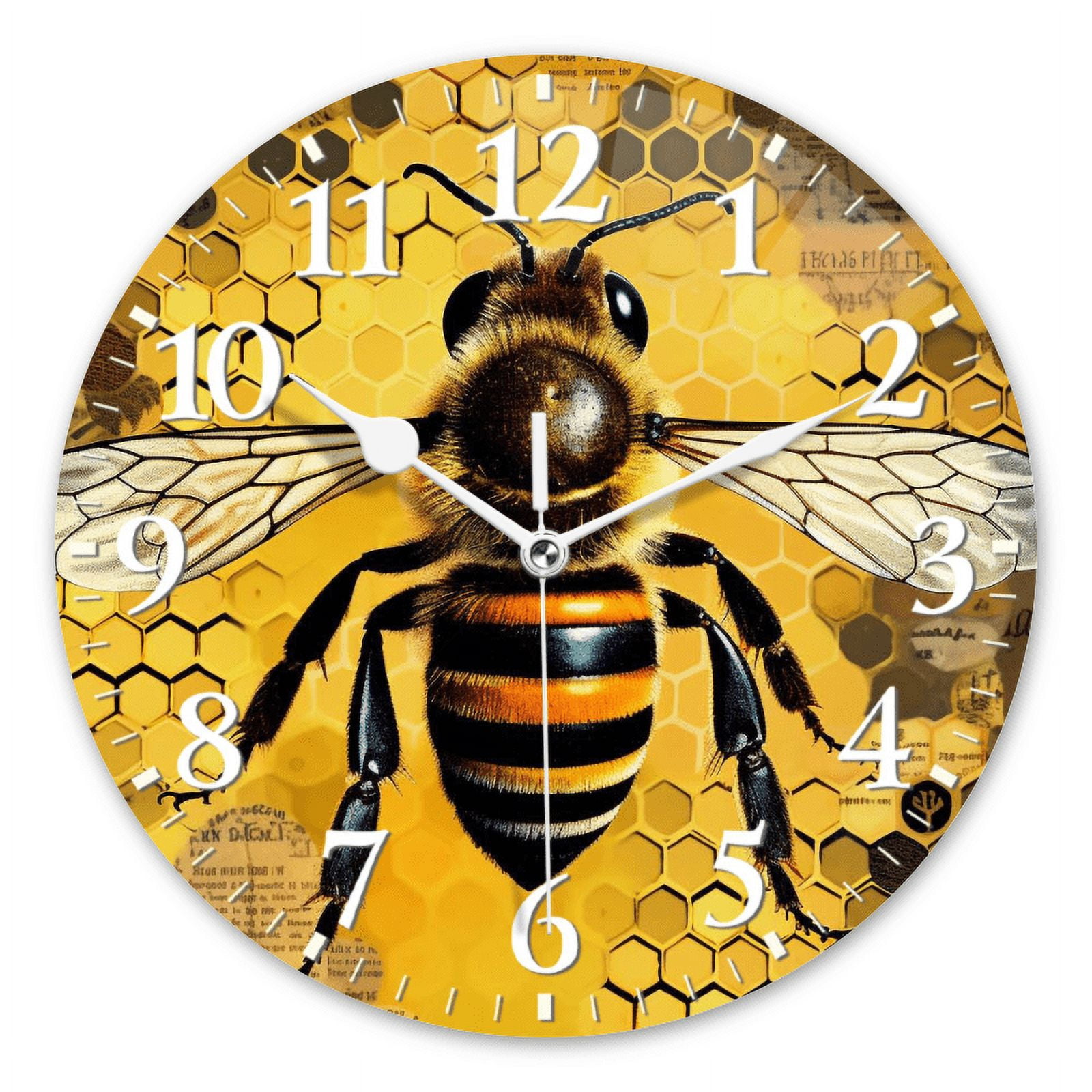 Modern Round Wall Clocks Non-Ticking Silent Clocks Battery Operated Quartz Clock Decorative for Bathroom,Office-Expressive Bee With Black And Yellow Stripes On Body(14inch)