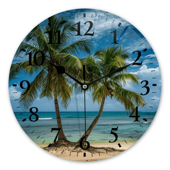 Modern Round Wall Clocks Non-Ticking Silent Clocks Battery Operated Quartz Clock Decorative for Bathroom,Office-Palm Trees On The Beach With Clear Blue Sky And Clouds(12inch)