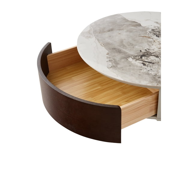 Modern Round White & reall wood color Coffee Table with Drawers and metal legs,Drum Coffee Table with Golden Legs Circular Center Table with ceramic Pattern Top for Living Room Apartment Office-Whit