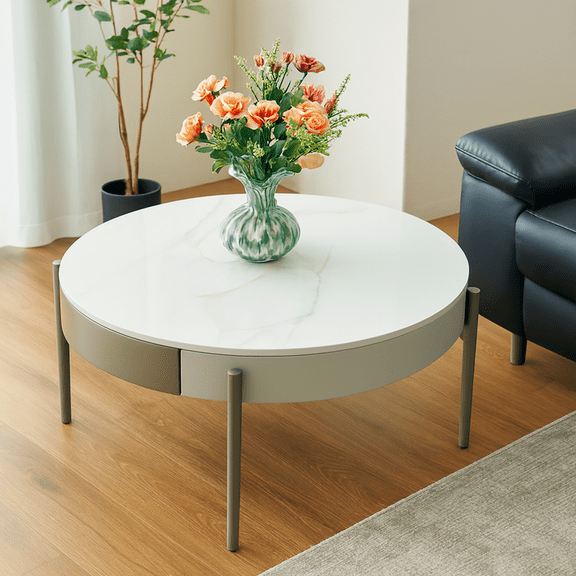 Modern Round White & reall wood color Coffee Table with Drawers and metal legs,Drum Coffee Table with Grey Legs Circular Center Table with ceramic Pattern Top for Living Room Apartment Office-White