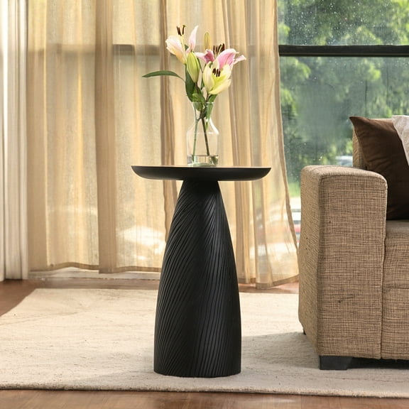 Modern Round Wood Accent Table with Carved Cone Base Solid Mango Wood Side Table for Living Room, Bedroom or Entryway Black