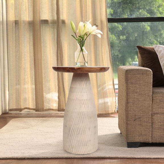 Modern Round Wood Accent Table with Carved Cone Base Solid Mango Wood Side Table for Living Room, Bedroom or Entryway White