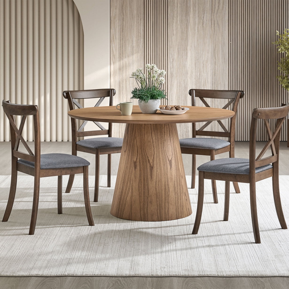 Modern Round Wooden Dining Table Set with 4 Boucle Upholstered Chairs ...