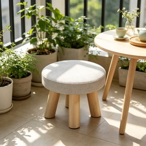 Modern Round Wooden Foot Stool With Padded Seat, Non Slip Small Ottoman Stool For Entryway Bedroom Living Room Kids Seating And Accent Decor