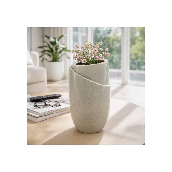Rounded Vase with Layered Rim for Living Room Decor - Sculptural Home Accent for Entryway Console Table, Bedroom, and Office Styling - Modern Flower Vase House and Kitchen Decor - 11", Gray