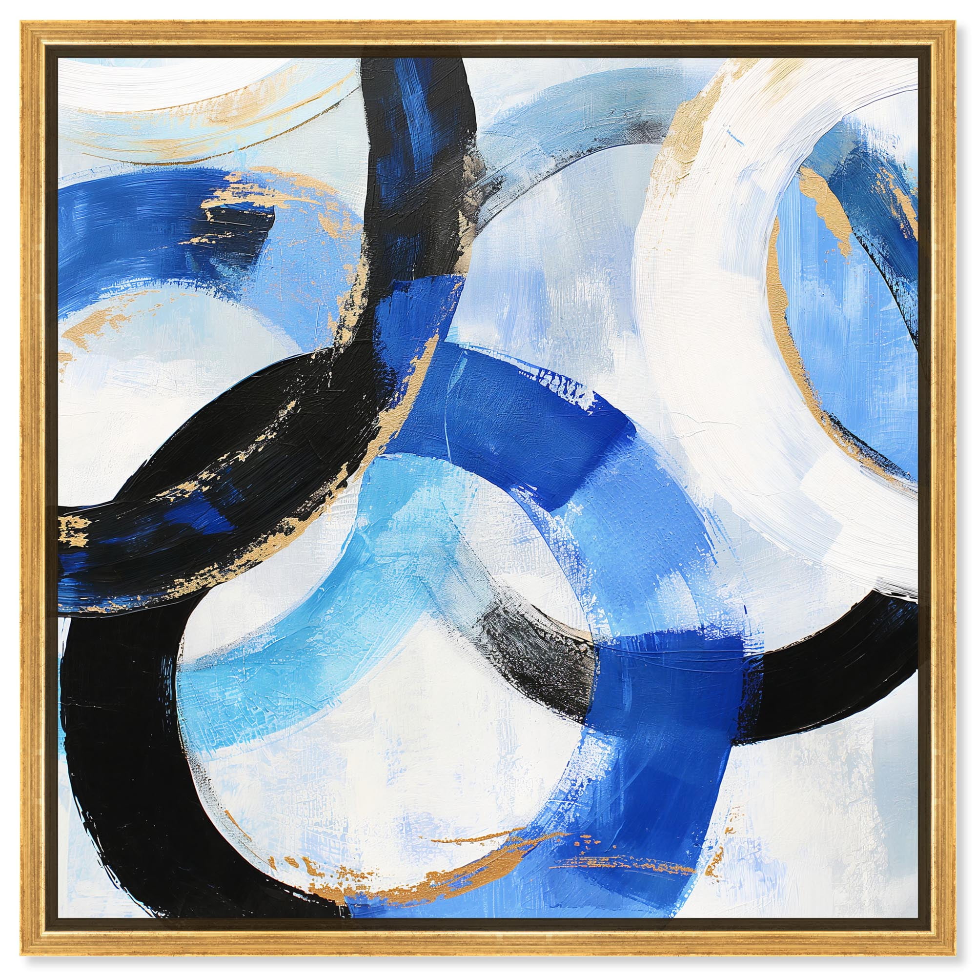Large Blue and Black Abstract Canvas Art with Gold Frame